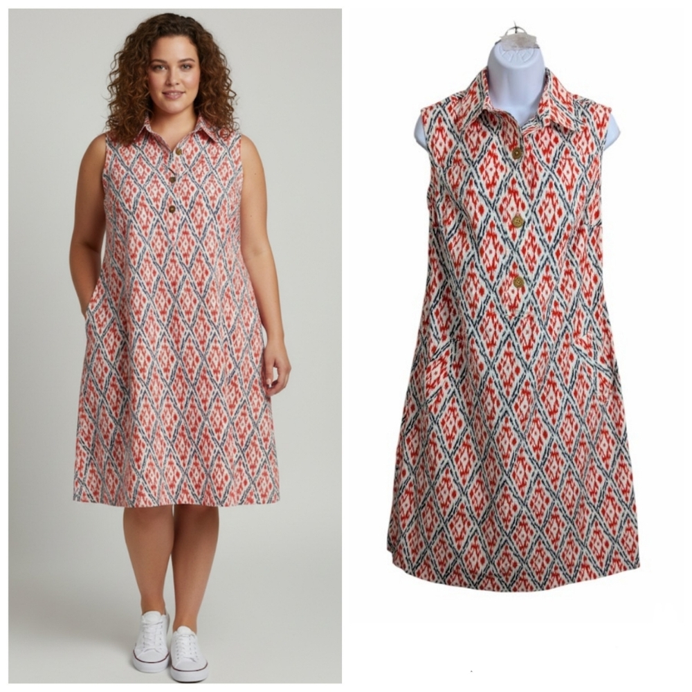 Land's End Women's Red White Geo Print Sleeveless Midi Shirt Dress Nautical 16